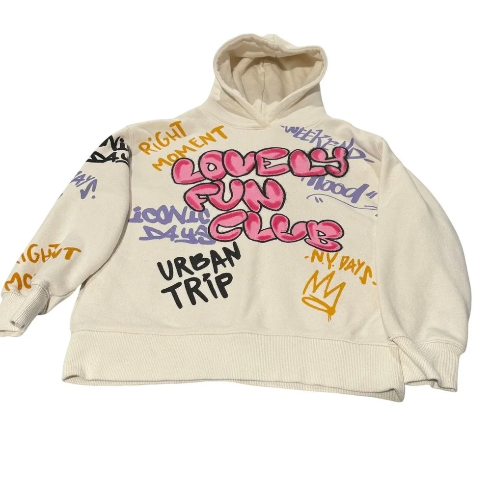 ZARA Size 9 Oversized Cream Hoodie Lovely Fun Club Urban Trip Unisex Kidcore